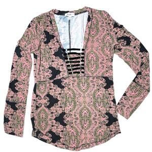 William Rast Pink Paisley Micro-ribbed Laced Long Sleeve Top XL